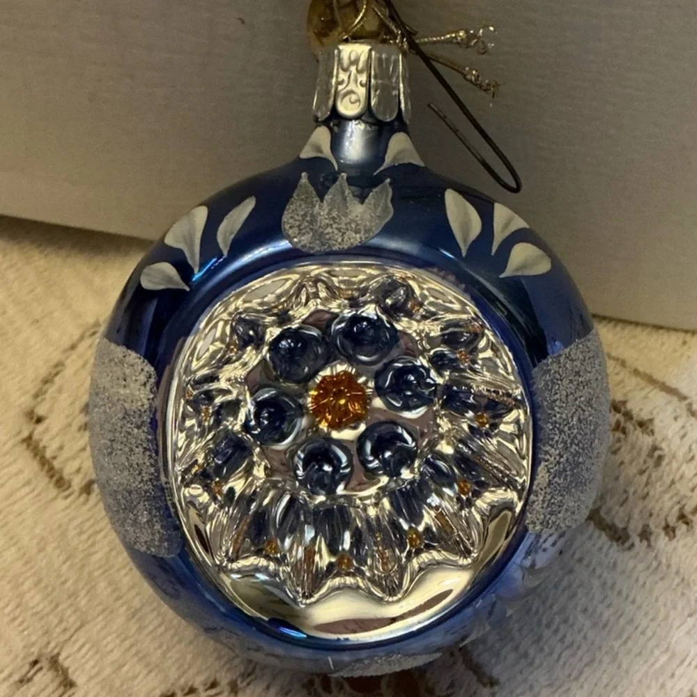 Vintage Blown Glass Hand Painted Indent Ball Ornament 2.5” Blue Silver Christmas